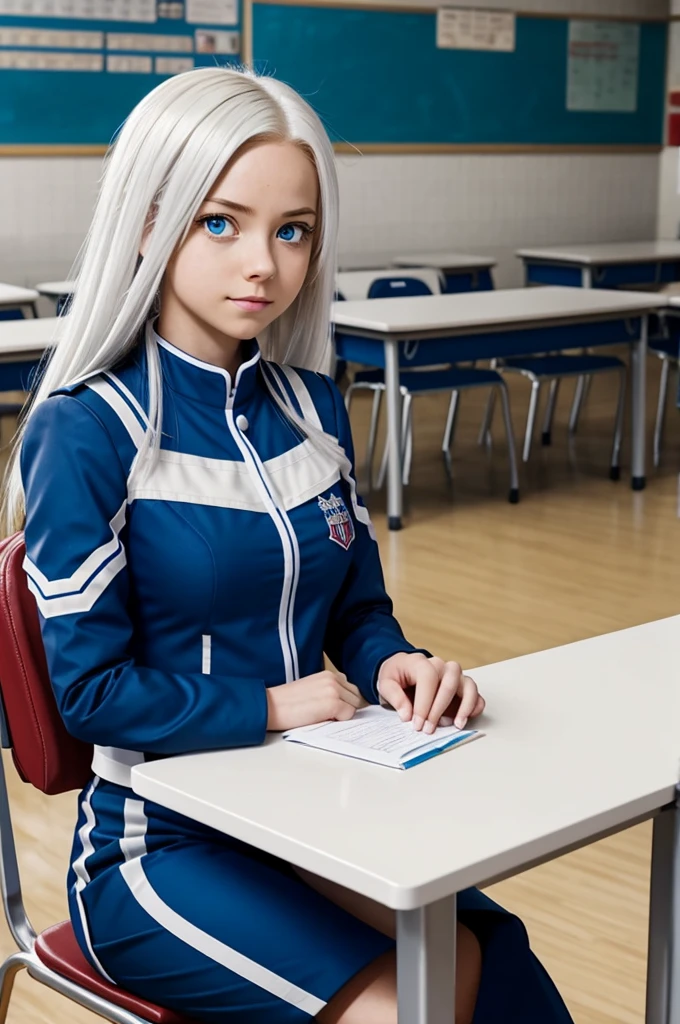 Screenshot of my hero academia. 
Girl with shoulder-length white hair and bright blue eyes with the UA uniform in the background has a UA school class and is sitting at a table. 