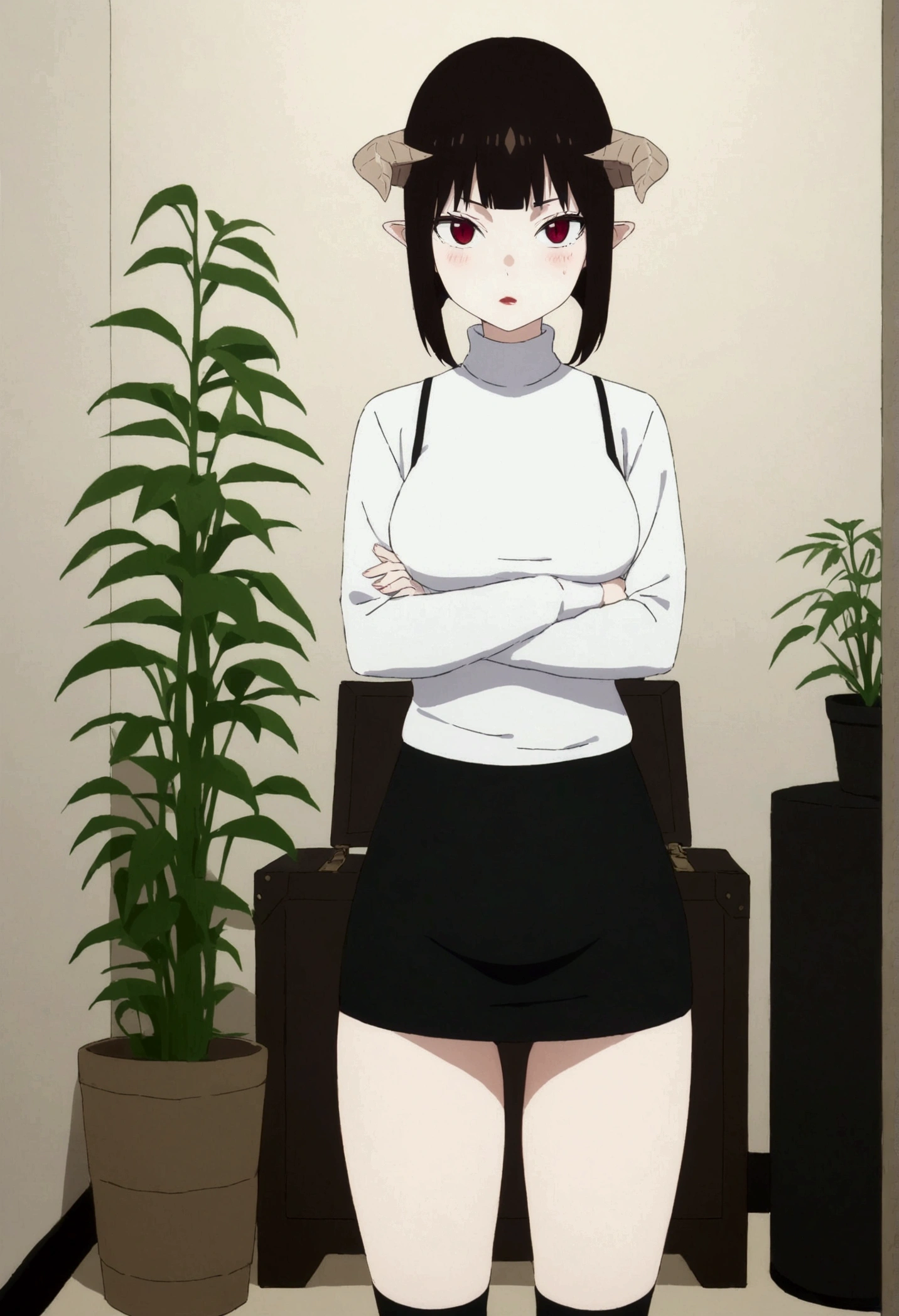 (work of art, ultra detali,high resolution,8K), 1 girl ,standing alone,hinterland,Look to viewer, TochaTortura, trunk,sheen,brunette skin,tight white turtleneck sweatshirt,black socks,standing,brava,horns on head,blushed,face red,arms crossed,room,plant,Eyes red,black short skirt
