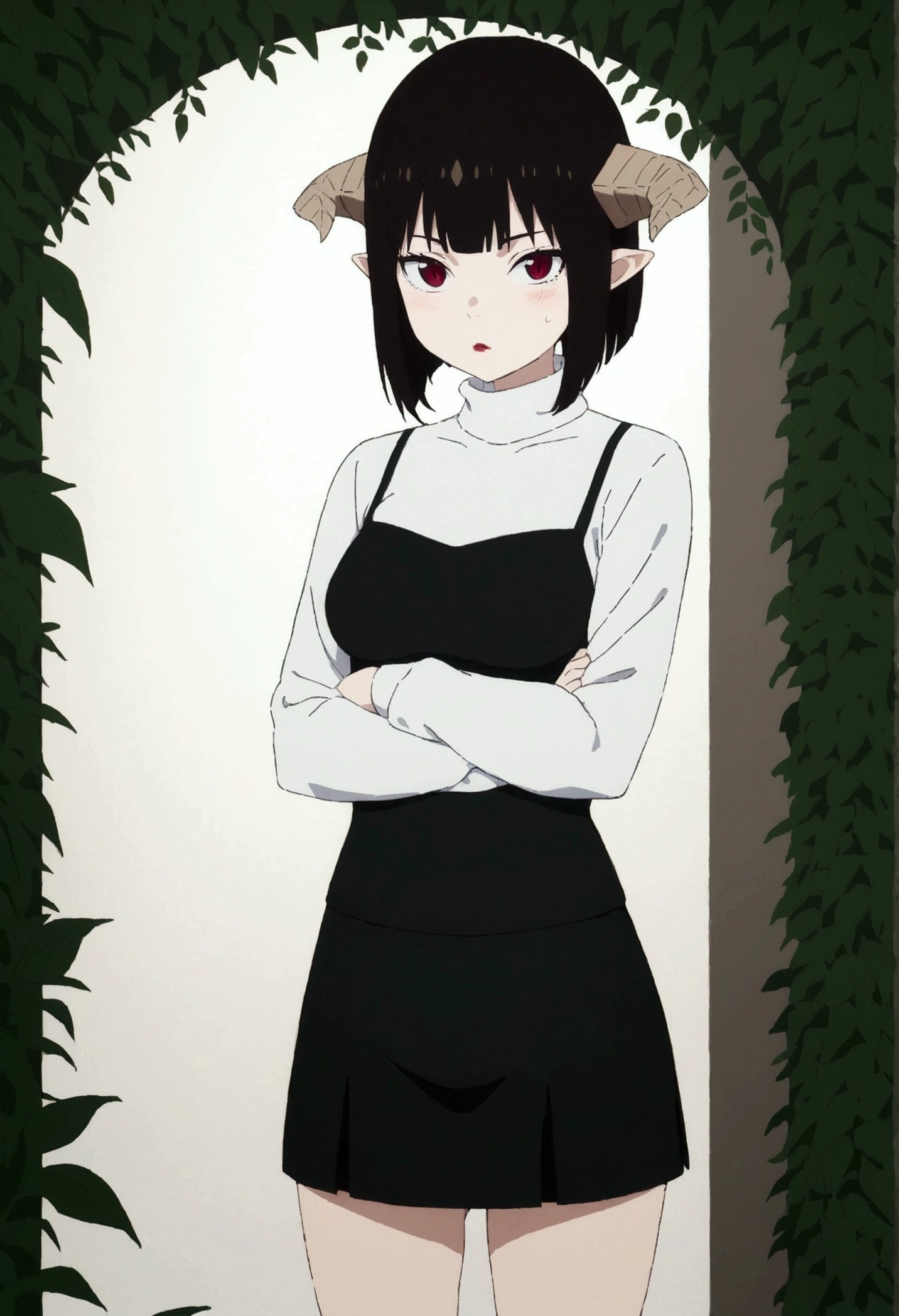 (work of art, ultra detali,high resolution,8K), 1 girl ,standing alone,hinterland,Look to viewer, TochaTortura, trunk,sheen,brunette skin,tight white turtleneck sweatshirt,black socks,standing,brava,horns on head,blushed,face red,arms crossed,room,plant,Eyes red,black short skirt
