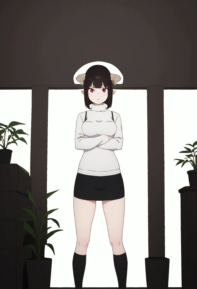 (work of art, ultra detali,high resolution,8K), 1 girl ,standing alone,hinterland,Look to viewer, TochaTortura, trunk,sheen,brunette skin,tight white turtleneck sweatshirt,black socks,standing,brava,horns on head,blushed,face red,arms crossed,room,plant,Eyes red,black short skirt