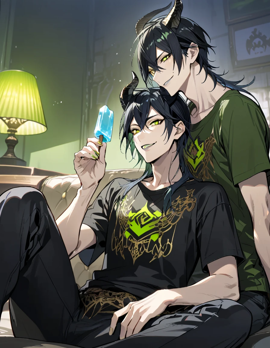 masterpiece, best quality, extremely detailed, anime , upper body, ((2boys)), BL, male focus, ikemen:1.5, looking at each other, holding ice candy, T-shirt, short sleeves, room, sitting on sofa,full body, malleus draconia (twisted wonderland) horns, bishounen, boy, male, yana Toboso style, long hair, black hair, yellow green eyes, smile, gray lips, handsome, skinny, tall, yellow green glow,AddXL