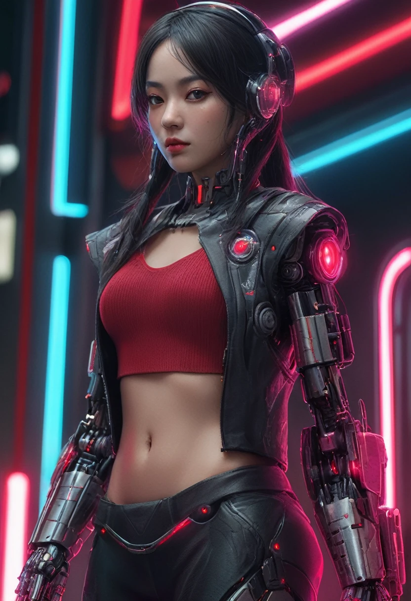 mixgirl. Highly detailed professional 35mm film, bokeh, face in sharp focus. A robotic female, Miku, with ((metal skin)), ((perfect Asian eyes)) with magenta irises and ((black pupils)), beautiful serious (detailed face), 18 year old ((photorealistic face)), very long magenta twin tails of magenta hair, twin black hair ties with a single red stripe. She may have a black audio headpiece. We can see her ((full body)) down to her boot soles. Her outfit is a sleeveless collared light grey shirt, outlined in red around the frilled collar and hems. Shiny reflective ((metallic brups, dimpleless)), invisible nipples.ars black sleeves with red hems that start around her upper arm and bellow out as the sleeves open and extend to her wrists, with wide trumpet red rimmed cuffs. She has perfect robotic (detailed hands). She wears a red colored tie with two horizontal solid parallel black lines halfway across. She wears a fabric black skirt with a horizontal red hem at the bottom all the way around; her (((black skirt wraps around her))) and ((her skirt completely covers)) her robotic waist and thighs. Tall black boots with red bottom soles, a red rim around the top at her thighs. Her mechanical shoulder joints are visible. We can see her robotic legs and robotic neck. Half of her is covered with shiny polished machinery. The background is a distant dark neon futuristic Japanese city, gold, cyan, violet neon, near harbor or mountains.