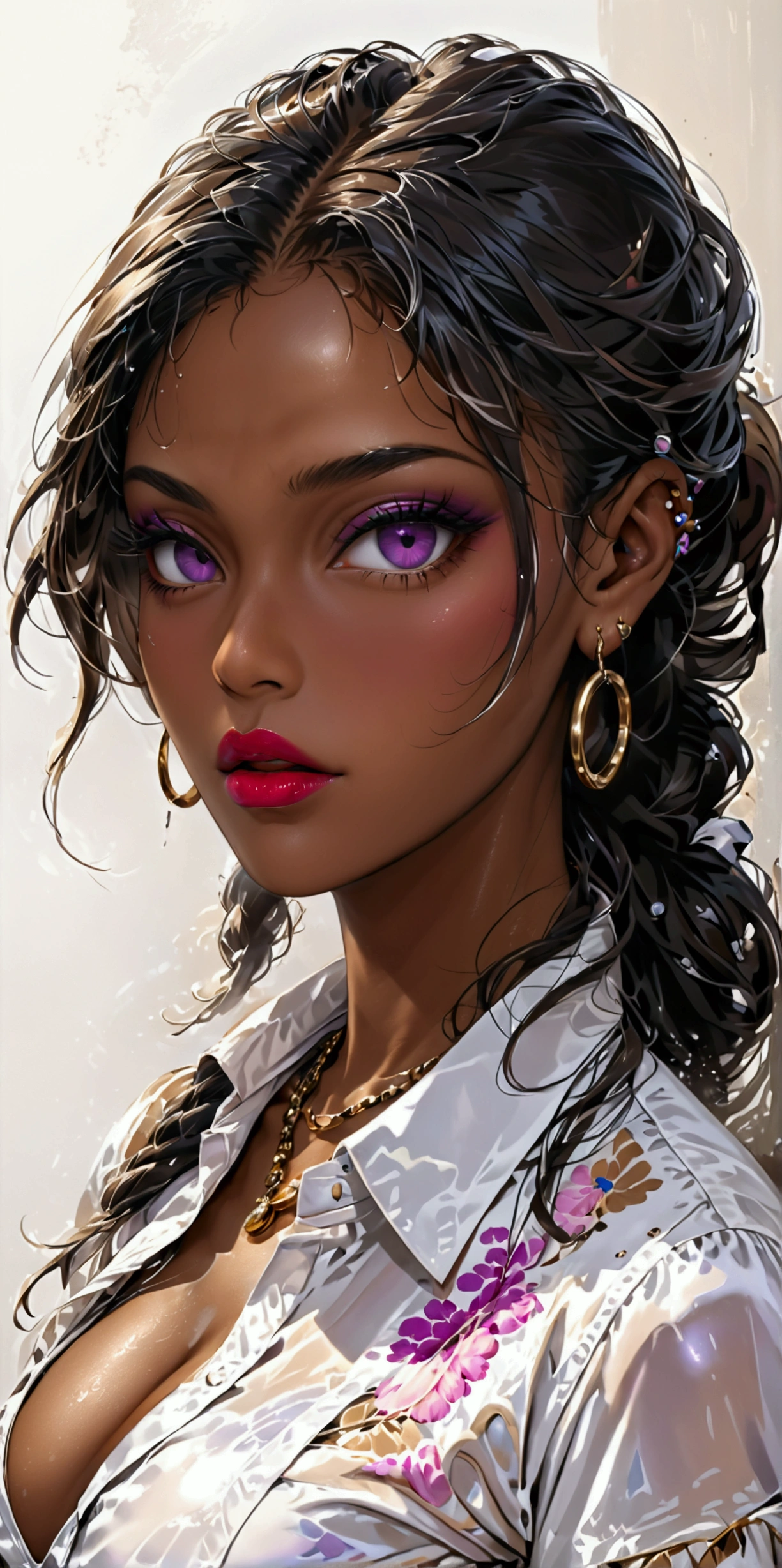 1girl,brown_skin,forehead,hair_intakes,dark_skin, solo, breasts, looking at viewer, skirt, large breasts, simple background, shirt, white background, cleavage, jewelry, purple eyes, collarbone, white shirt,sweaty, gyaru,gyaru makeup, pantyhose, earrings, open clothes, collared shirt, bracelet, open shirt, makeup, lipstick, hoop earrings, mature female, bangle, office lady,Bnw,long hair,hair_tied,,large_breast,dark_skinned,dark_skinned_female,maiden ,naughty_face,nijisuper,(UHD,masterpiece,extremely detailed,shining,masterpiece,super detailed)