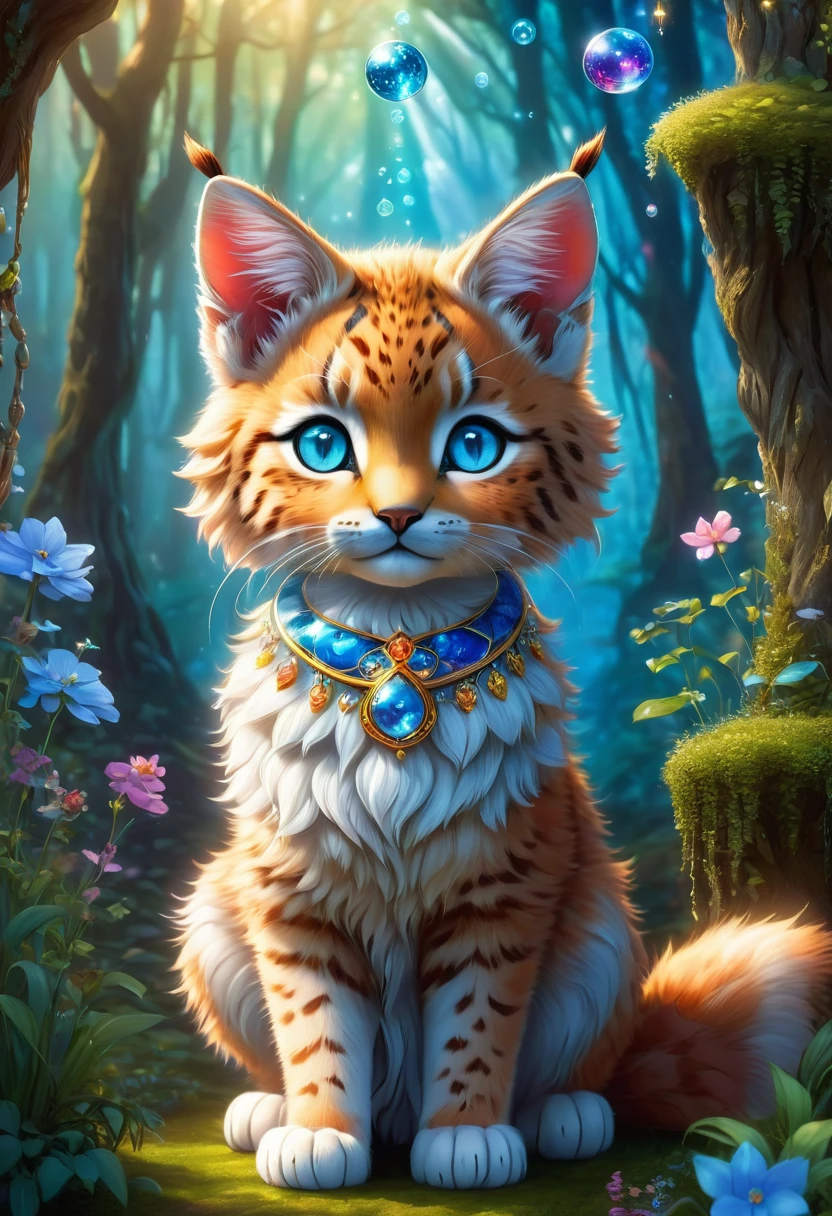(tarot cards:1.5,rotary symmetrical),(tmasterpiece),(ultra - detailed:1.3),Best quality,(Sparkling:1.2),(magical forest :1.4), 1lynx,little female lynx dressed in a blue vintage dress, she has paws and claws, she has blue eyes, she is very detailed, she stands upright, very cute and beautiful,fantasy magic style, and other decorations, A world of dreams, Cute cartoon design style, Bubble Mart, Vibrant colors,bright,1.4x realism,hyper HD,All shown in this beautiful scene,(The content is very detailed,Reasonable design,Clear lines,High- sharpnesasterpiece,movie light effect,8K)