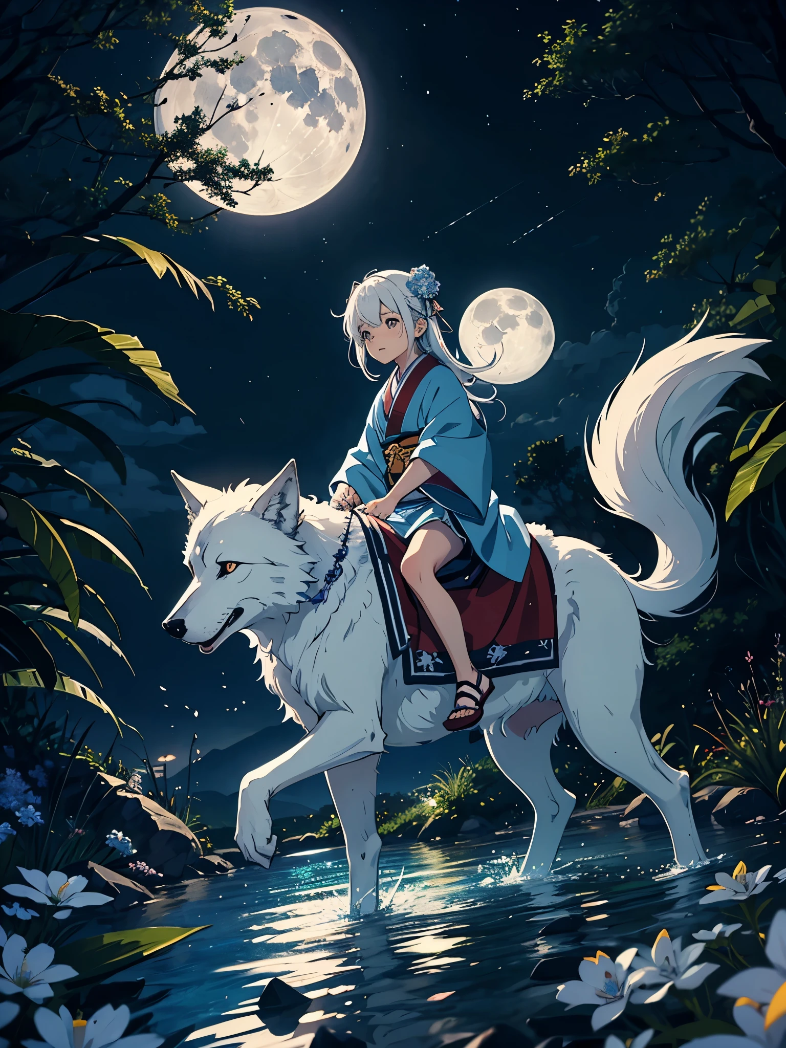 Riding a wolf. Japanese Kimono. ???. cutie pie. Younger. More anime. male. Light Blue flowers. Long hair. long white hair. aquatic, boy, God of the Moon, silver hair accessories, White hair, White dress, cape, at night.