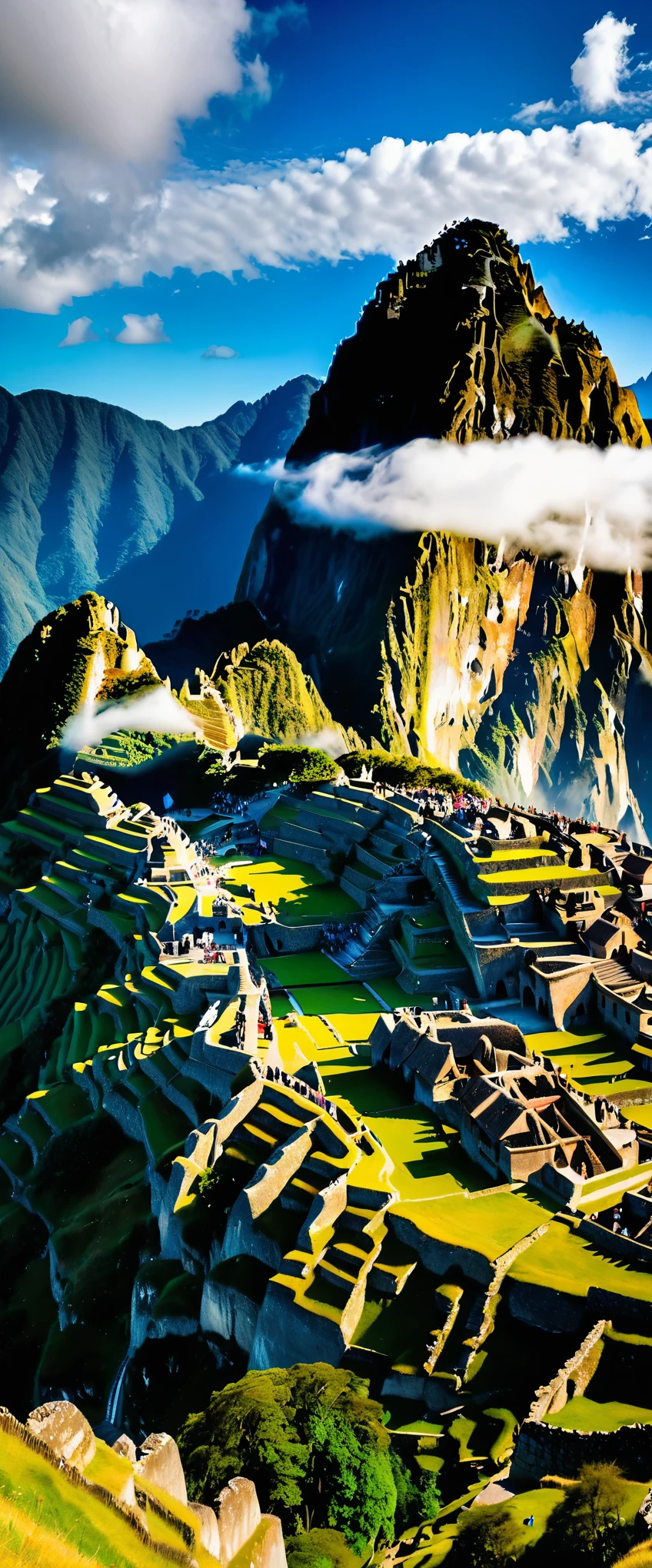 (Highest quality),(masterpiece:1.2),(Very detailed:1.2),Ultra-high resolution,RAW color photos,8K,Vast landscape photography,Realistic photos,Elaborate photos,Skydiving viewpoint,Written boundary depth,Sharp focus,In the clouds,Machu Picchu,Asahi,Beautiful colors,Written boundary depth,Wide Light,Low contrast,Backlight,Sharp focus,Vibrant colors,moving composition