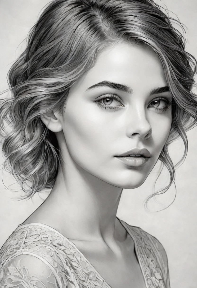 a line art portrait of a young girl, detailded facial features, gorgeous eyes, delicate lips, short, flowing hair, softshadows, minimal style, black andwhite, hight contrast, intricate linework, chic, serene, detailded, intricate, work of art