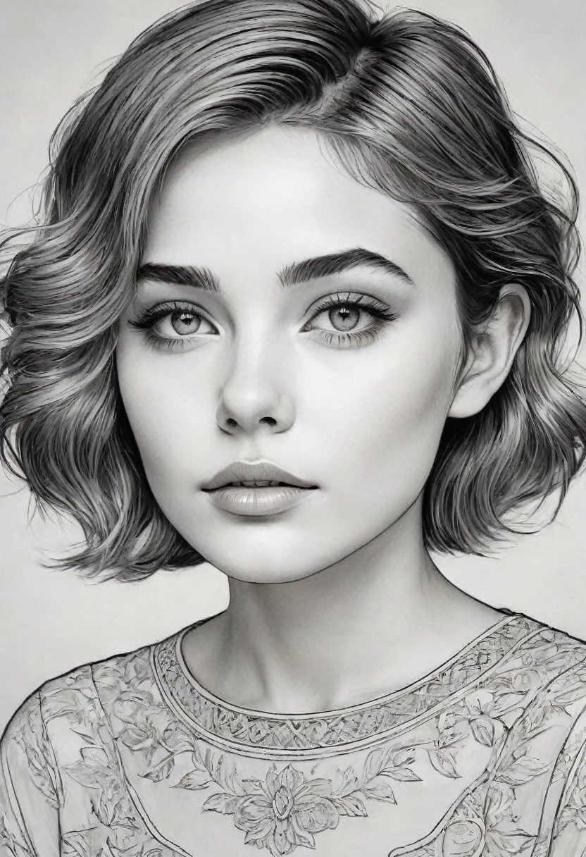 a line art portrait of a young girl, detailded facial features, gorgeous eyes, delicate lips, short, flowing hair, softshadows, minimal style, black andwhite, hight contrast, intricate linework, chic, serene, detailded, intricate, work of art