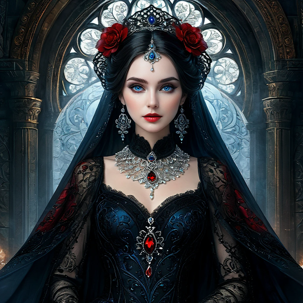 fractal painting, digital painting, surreal full-length portrait from knee to head, of a gothic goddess, like a mysterious young woman with dark hair, deep blue eyes, full mouth with lip gloss, wearing an ornate black chiffon and organza dress with fluid and ethereal floral veil, earrings and necklace in red stones, environment a dark and misty castle, hazy and intricate design, scene from a film, focus on details, focus on the eyes, magical, filigree, volume, 3D, ultra-detailed, fantasy, decorations on clothes, professional photo, hyperrealistic, 4k, HDR+, frozen frame. hyperrealistic. oil painting. volumetric lighting,