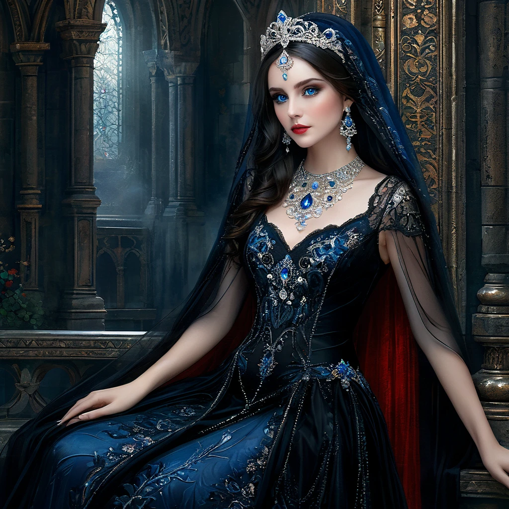 fractal painting, digital painting, surreal full-length portrait from knee to head, of a gothic goddess, like a mysterious young woman with dark hair, deep blue eyes, full mouth with lip gloss, wearing an ornate black chiffon and organza dress with fluid and ethereal floral veil, earrings and necklace in red stones, environment a dark and misty castle, hazy and intricate design, scene from a film, focus on details, focus on the eyes, magical, filigree, volume, 3D, ultra-detailed, fantasy, decorations on clothes, professional photo, hyperrealistic, 4k, HDR+, frozen frame. hyperrealistic. oil painting. volumetric lighting,