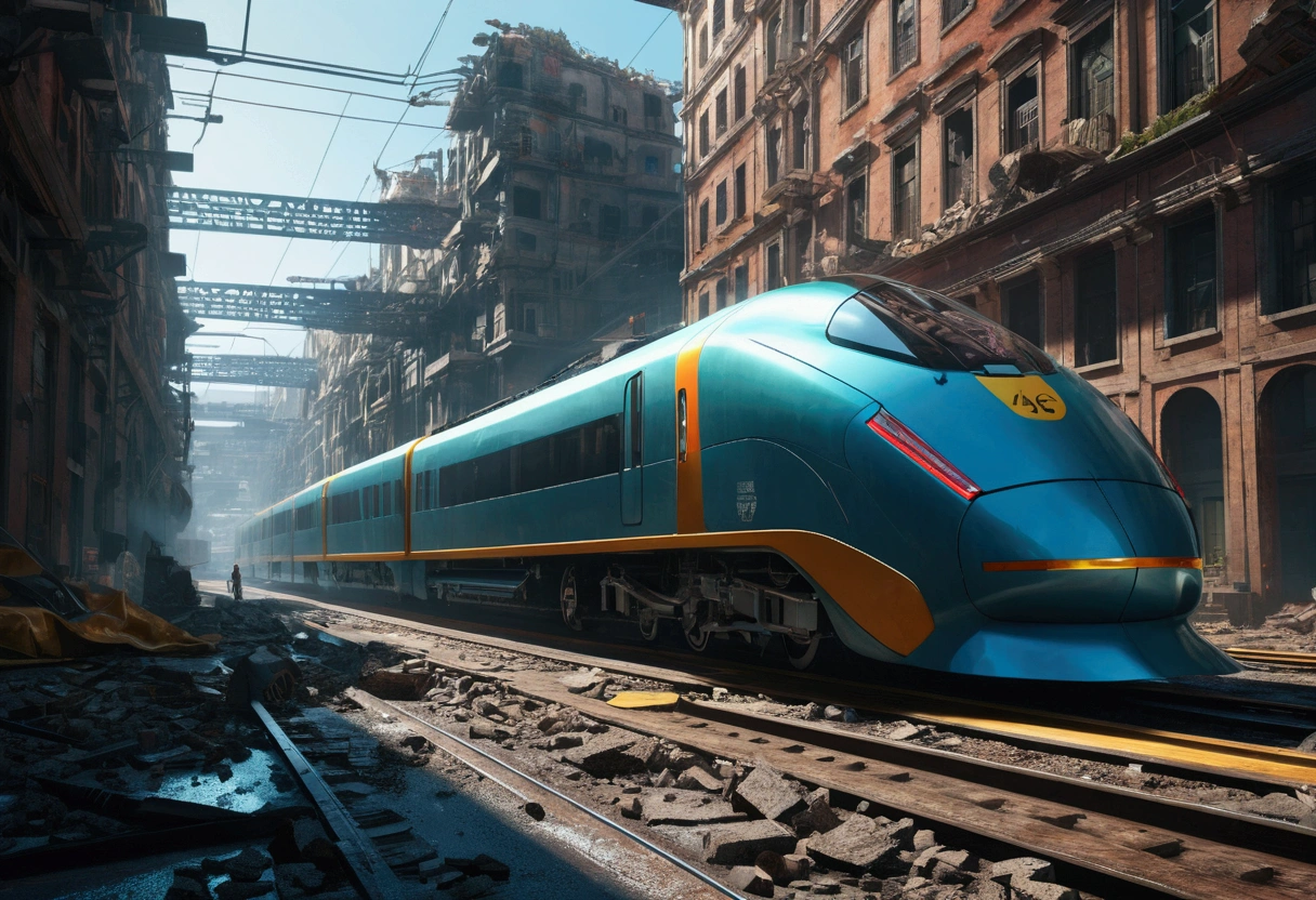 "Generate an ultra-detailed 4k CGI masterpiece (1.2 aspect ratio) featuring a train in a futuristic, post-apocalyptic city. Include (((highly detailed))) elements like ruins, shattered glass, and decaying buildings. Utilize cinematic lighting with chiaroscuro and ray tracing for the (((best quality))). Create a highly atmospheric scene with vibrant colors, dynamic shadows, and reflections. Incorporate futuristic technology, sleek lines, and powerful engines for a (((masterpiece))). Add a sense of danger, speed, and adrenaline rush through motion blur and dynamic perspective. Three related artists are Beeple, Mike Winkelmann, and Vitaly Bulgarov."