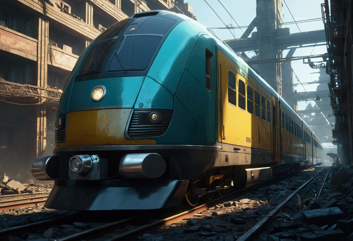 "Generate an ultra-detailed 4k CGI masterpiece (1.2 aspect ratio) featuring a train in a futuristic, post-apocalyptic city. Include (((highly detailed))) elements like ruins, shattered glass, and decaying buildings. Utilize cinematic lighting with chiaroscuro and ray tracing for the (((best quality))). Create a highly atmospheric scene with vibrant colors, dynamic shadows, and reflections. Incorporate futuristic technology, sleek lines, and powerful engines for a (((masterpiece))). Add a sense of danger, speed, and adrenaline rush through motion blur and dynamic perspective. Three related artists are Beeple, Mike Winkelmann, and Vitaly Bulgarov."