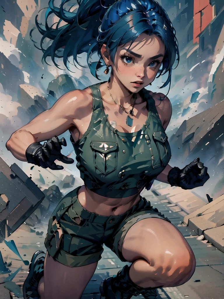 30-year-old woman, alone, athletic, blue hair tied in a ponytail, wears green military shorts, wears a green military top, wears dark gloves, has military boots, high resolution, perfect image, very detailed, high contrast, colors digital, simple, medium shot, cinematic, ultra-sharp focus, award-winning photography, perfect contrast, high sharpness, depth of field, ultra-detailed photography. global illumination, fluid, ultra high definition, 8k, Unreal Engine 5, ultra sharp focus, award-winning photography, Art Season Trends,
