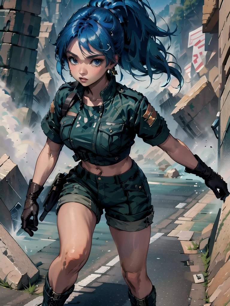 30-year-old woman, alone, athletic, blue hair tied in a ponytail, wears green military shorts, wears a green military top, wears dark gloves, has military boots, high resolution, perfect image, very detailed, high contrast, colors digital, simple, medium shot, cinematic, ultra-sharp focus, award-winning photography, perfect contrast, high sharpness, depth of field, ultra-detailed photography. global illumination, fluid, ultra high definition, 8k, Unreal Engine 5, ultra sharp focus, award-winning photography, Art Season Trends,
