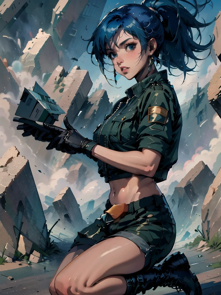 30-year-old woman, alone, athletic, blue hair tied in a ponytail, wears green military shorts, wears a green military top, wears dark gloves, has military boots, high resolution, perfect image, very detailed, high contrast, colors digital, simple, medium shot, cinematic, ultra-sharp focus, award-winning photography, perfect contrast, high sharpness, depth of field, ultra-detailed photography. global illumination, fluid, ultra high definition, 8k, Unreal Engine 5, ultra sharp focus, award-winning photography, Art Season Trends,
