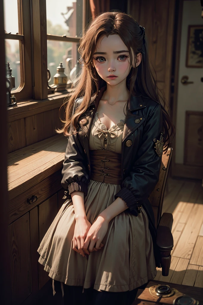 (photography of a 20 year old Aerith Gainsborough), (no close-up), highly detailed face, (smile:0.7) (background inside dark, moody, private study:1.3), steampunk pirate's airship, nikon d850, film stock photography, for kodak portra 400 ,camera f1.6 lens, bokeh, analog style, rich colors, hyper realistic, lifelike texture, dramatic lighting, cinestill 800, messy hair, serious, (freckles:0.4), pale skin, cute sexy