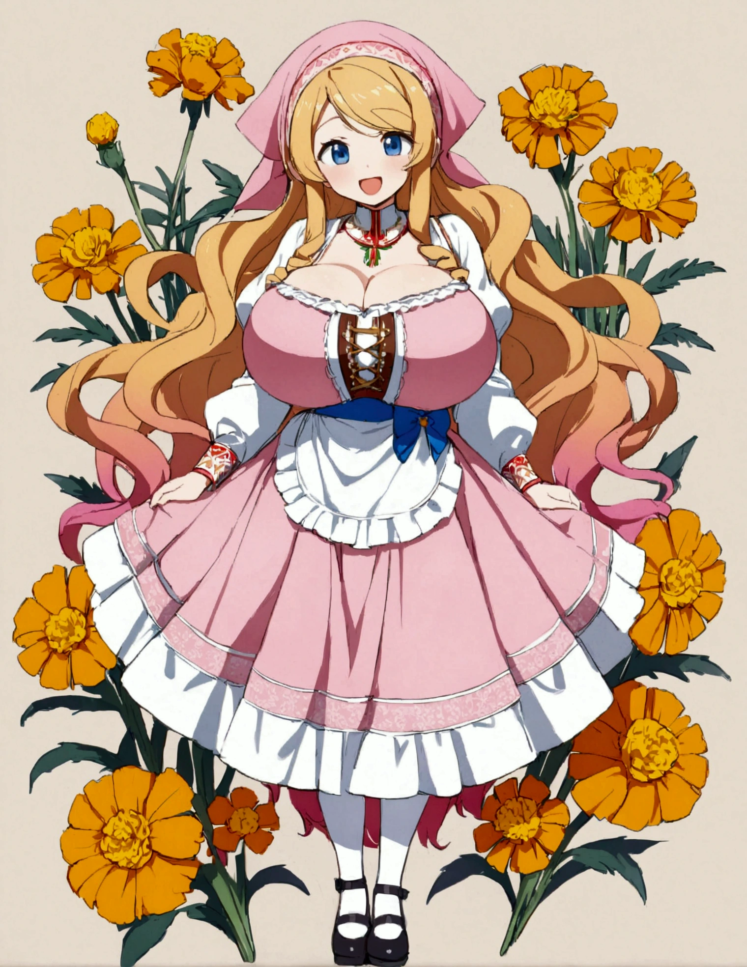 golden orange hair, gradient hair, very long hair, swept bangs, sidelocks, curly hair, wavy hair, (((((head scarf))))), head bandana, pink apron, flower in hair, marigold, orange flower, dirndl, pink dress, pink dirndl, long sleeves, waist apron, white apron, bow on waist, blue bow, , polish clothing, Slavic clothing, Hungarian clothing, anime, cute,, solo, exaggerated expression, smile, open mouth, blue eyes, white stockings, black shoes, full body, enormous breasts