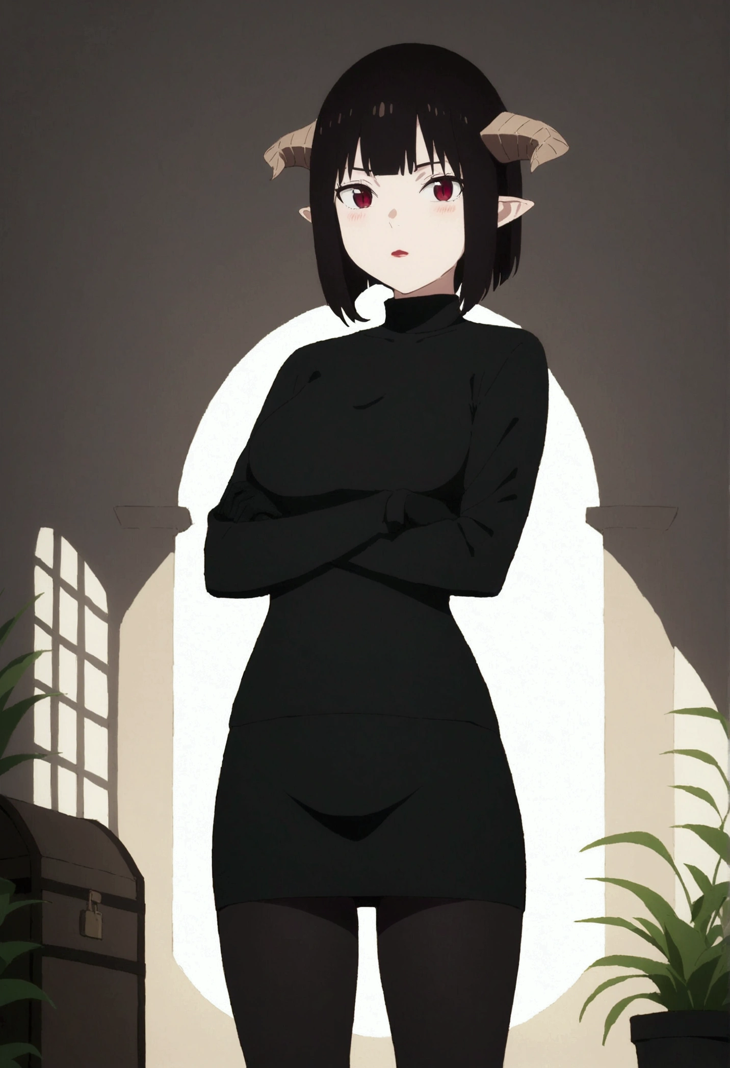 (work of art, ultra detali,high resolution,8K), 1 girl ,standing alone,hinterland,Look to viewer, TochaTortura, trunk,sheen,brunette skin,tight white turtleneck sweatshirt,black socks,standing,brava,horns on head,blushed,face red,arms crossed,room,plant,Eyes red,black short skirt,black glove