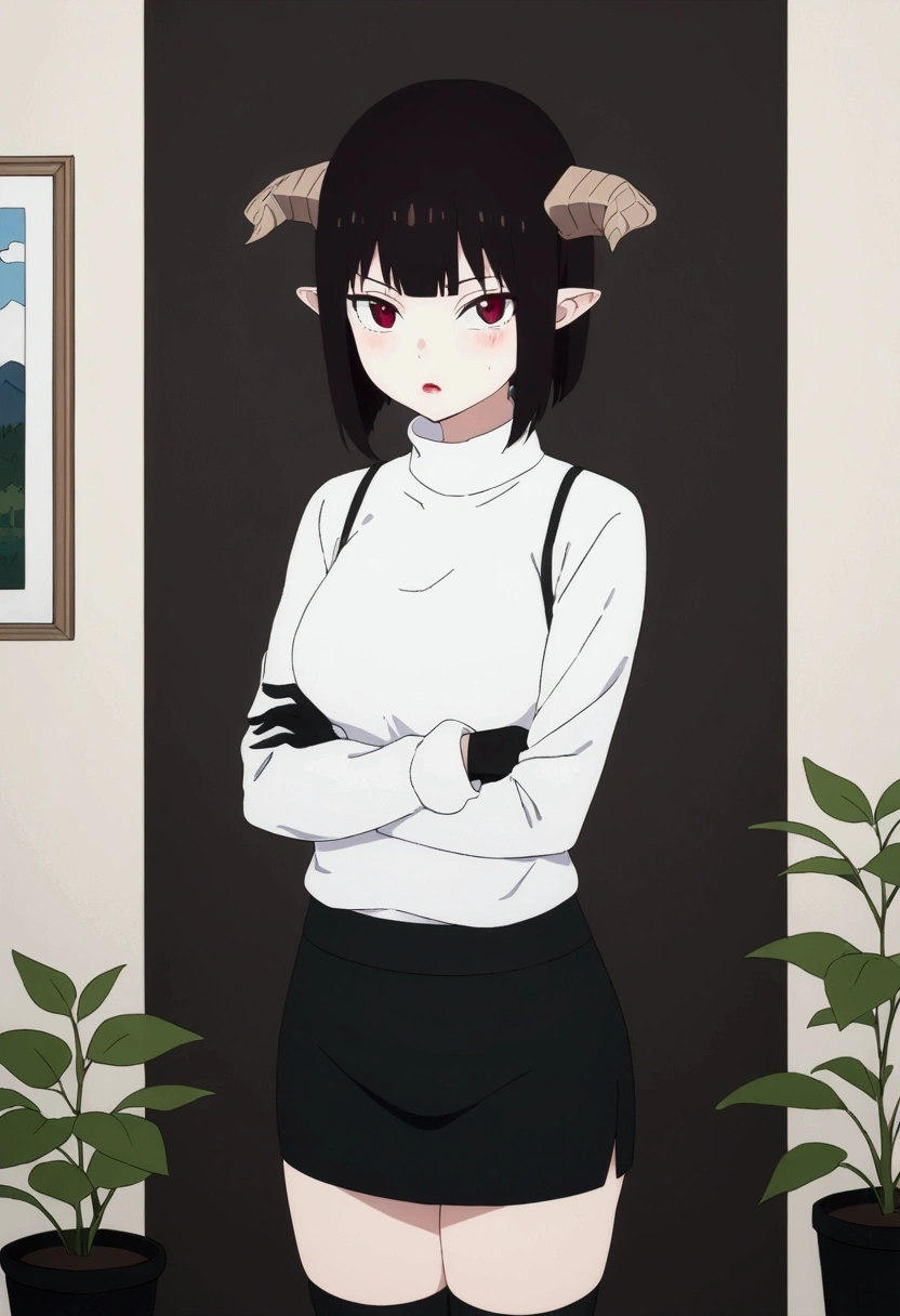 (work of art, ultra detali,high resolution,8K), 1 girl ,standing alone,hinterland,Look to viewer, TochaTortura, trunk,sheen,brunette skin,tight white turtleneck sweatshirt,black socks,standing,brava,horns on head,blushed,face red,arms crossed,room,plant,Eyes red,black short skirt,black glove