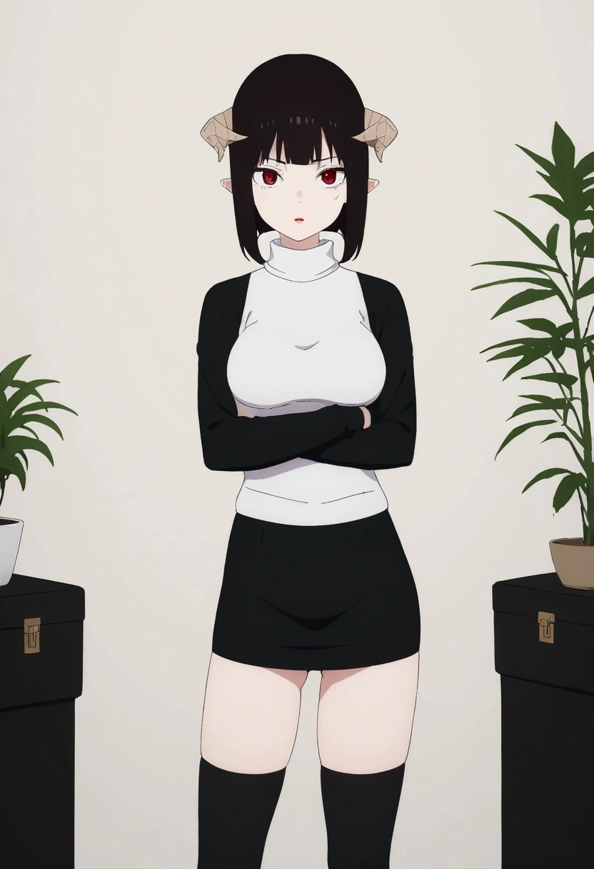 (work of art, ultra detali,high resolution,8K), 1 girl ,standing alone,hinterland,Look to viewer, TochaTortura, trunk,sheen,brunette skin,tight white turtleneck sweatshirt,black socks,standing,brava,horns on head,blushed,face red,arms crossed,room,plant,Eyes red,black short skirt,black glove