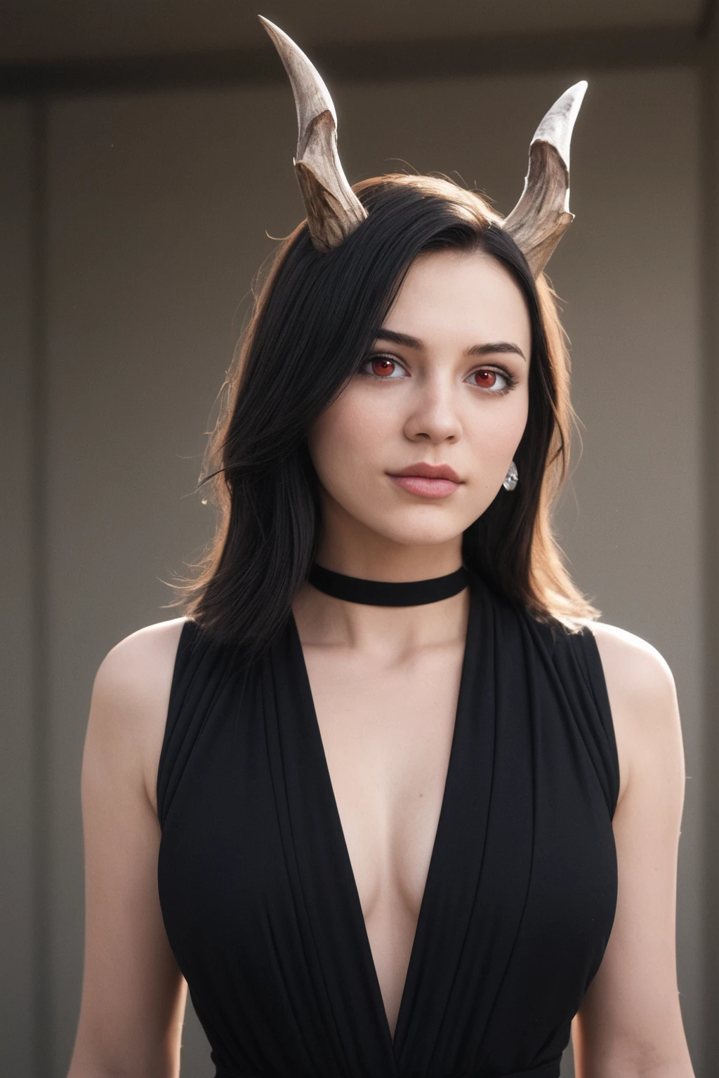 cinematic film , realistic , shallow depth of field, vignette, highly detailed, high budget, bokeh, cinemascope, moody, epic, gorgeous, film grain, grainy, 
a girl with long hair, wearing a black dress, stands in a room with a blurry background. She has both brown and black hair, red eyes, and is wearing jewelry. Her breasts are medium-sized, and she has a closed mouth. The lighting is cinematic, with side light and sunshine, creating strong contrasts. The girl is looking at the viewer, and her hair falls between her eyes. She has a collarbone, upper body, earrings, horns, and a choker. The dress has a cleavage, and her lips are red. The photo has a high level of detail.
