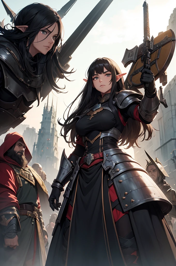 Lucas and Elara stand together in a bustling war camp. The camp is filled with a diverse array of soldiers from the three allied races—humans, elves, and dwarves. Lucas, tall and imposing, wears his sleek black dragon-scale armor with dark red accents, holding his Barret .50 rifle. His black hair is tousled from the recent journey, and his dark brown eyes show determination. Elara, by his side, wears her newly reforged black armor made from Nargoth's scales, accented with deep red highlights. Her black hair is tied back in a high ponytail, and her deep green eyes are focused and fierce. The backdrop features a mix of medieval tents and advanced weaponry, including Gatling guns and enchanted weapon racks. The sky above is a mix of twilight hues, with the first stars beginning to appear, casting a serene yet tense atmosphere over the camp. In the background, leaders from each race—an imposing dwarf with a long beard, a regal elf with flowing robes, and a stern human king in armor—are seen giving final instructions to their troops, readying them for the imminent invasion.