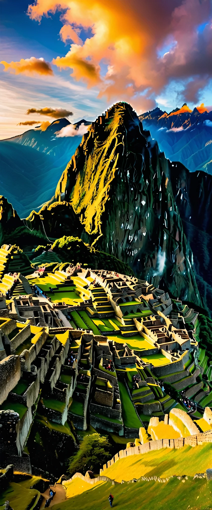 (Highest quality),(masterpiece:1.2),(Very detailed:1.2),Ultra-high resolution,RAW color photos,8K,Vast landscape photography,Realistic photos,Elaborate photos,Skydiving viewpoint,Written boundary depth,Sharp focus,In the clouds,Machu Picchu,Sunset,Beautiful colors,Written boundary depth,Wide Light,Low contrast,Backlight,Sharp focus,Vibrant colors,moving composition