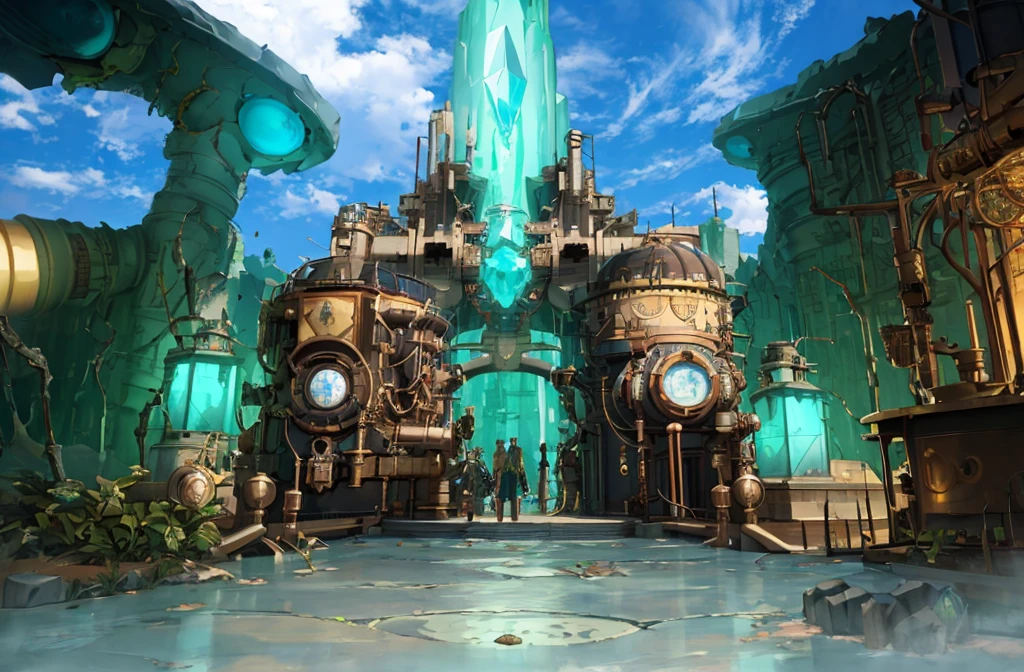 steampunk,reactor core,grow,A shining gem in the center,Giant Crystal,culture tank,ruins,Fantastic,Medieval European style,4K,8K,Highest quality