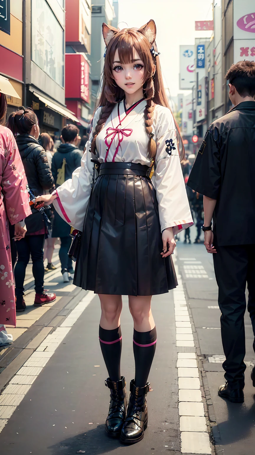 Brahmaestra, Raphtalia, Brown Hair, Animal ears, Red eyes,(Smiled face 1.8)(Smiling Face Eyes 1.8)Happy Face、Happy face、Dynamic pose、Put on your boots(Look at this:1.5)(Full Body Shot:1.2)(Harajuku Takeshita Street:1.5), Full body photo, convenience store,自転car、car、Super Cub、Passersby、(Distant view of modern Japanese cities:1.5)、(Move up by one&#39;Long sword:1.8),(Assault rifle,Hold horizontally:1.8)