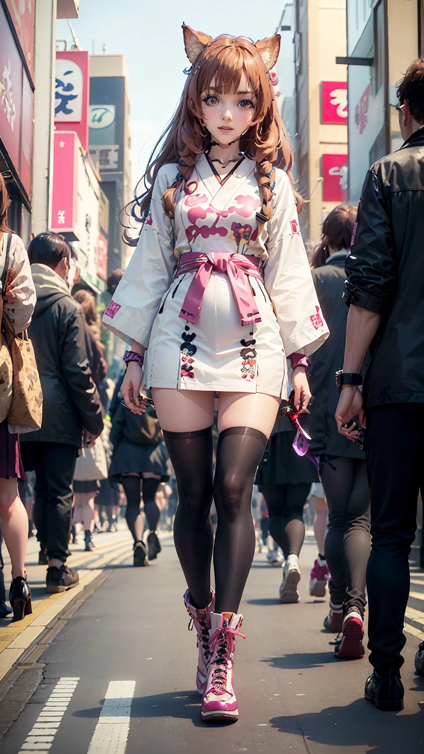 Brahmaestra, Raphtalia, Brown Hair, Animal ears, Red eyes,(Smiled face 1.8)(Smiling Face Eyes 1.8)Happy Face、Happy face、Dynamic pose、Put on your boots(Look at this:1.5)(Full Body Shot:1.2)(Harajuku Takeshita Street:1.5), Full body photo, convenience store,自転car、car、Super Cub、Passersby、(Distant view of modern Japanese cities:1.5)、(Move up by one&#39;Long sword:1.8),(Assault rifle,Hold horizontally:1.8)