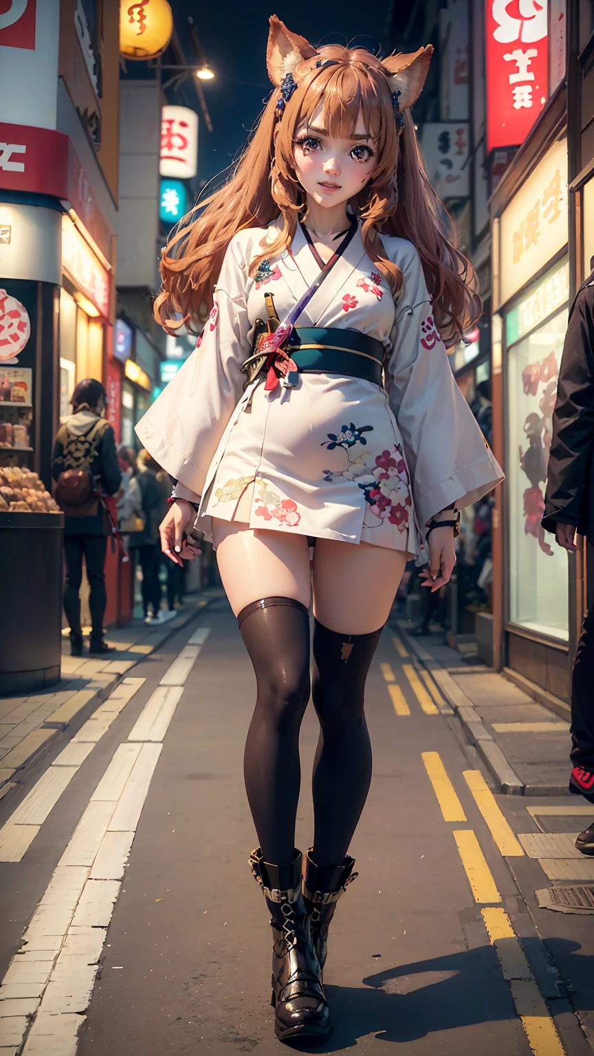 Brahmaestra, Raphtalia, Brown Hair, Animal ears, Red eyes,(Smiled face 1.8)(Smiling Face Eyes 1.8)Happy Face、Happy face、Dynamic pose、Put on your boots(Look at this:1.5)(Full Body Shot:1.2)(Harajuku Takeshita Street:1.5), Full body photo, convenience store,自転car、car、Super Cub、Passersby、(Distant view of modern Japanese cities:1.5)、(Move up by one&#39;Long sword:1.8),(Assault rifle,Hold horizontally:1.8)