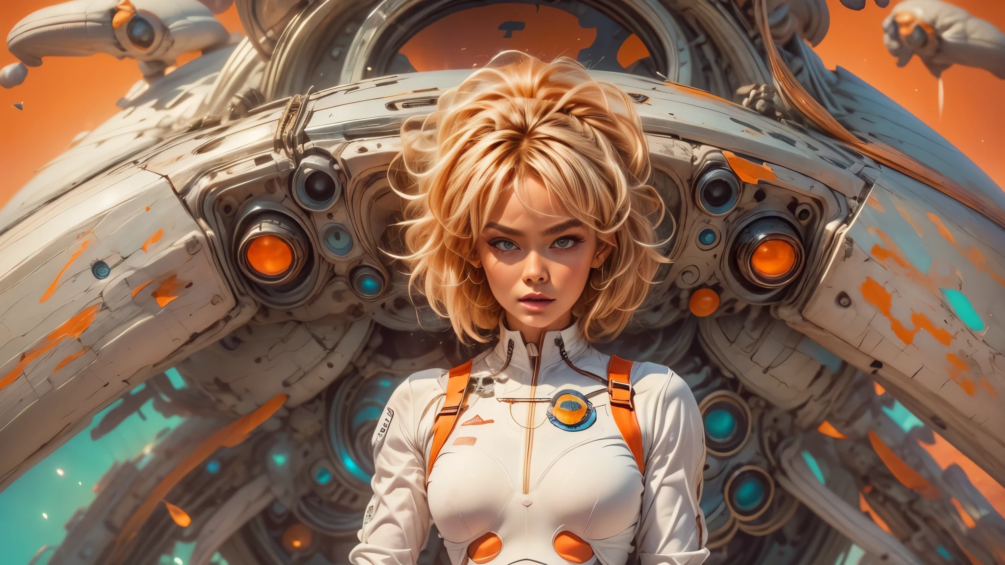 arafed image of a white woman in a futuristic suit with a spaceship in the background, movie art, in front of an orange background, inspired by Robert McGinnis, female protagonist, megastructure in the background, portrait of an ai astronaut, astronauts, an astronaut, portrait of a astronaut skeletor, perfect android girl, Highly Detailed Face and Skin Texture, Detailed Eyes, Double eyelids, perfectly detailed teeth, frank franzzeta and sakimichan  