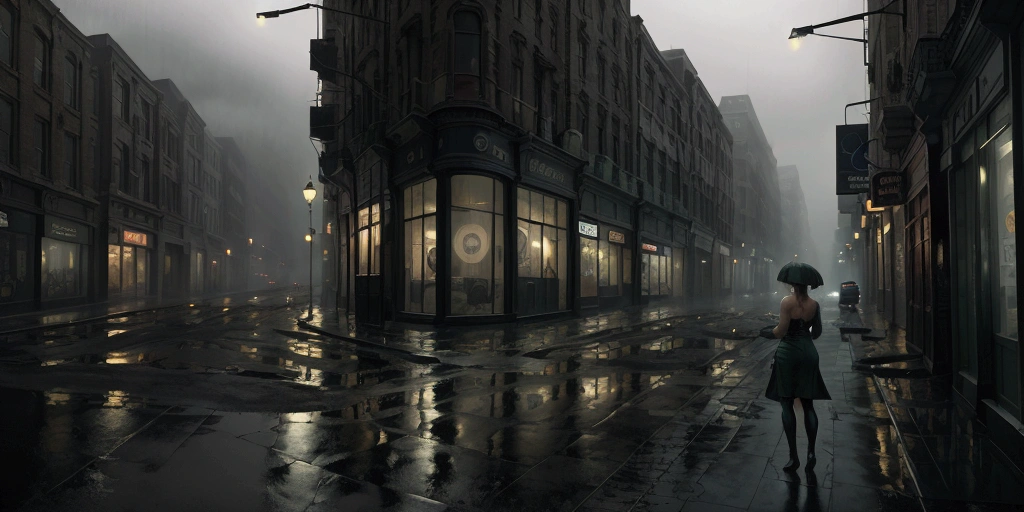 an abstract painting of a girl with great giant tits desolate 1880´s Edimburgh street corner with flickering streetlights and empty storefronts, thick fog, wet street reflections, muted dark green, blueand grey, foreboding mood, midnight
