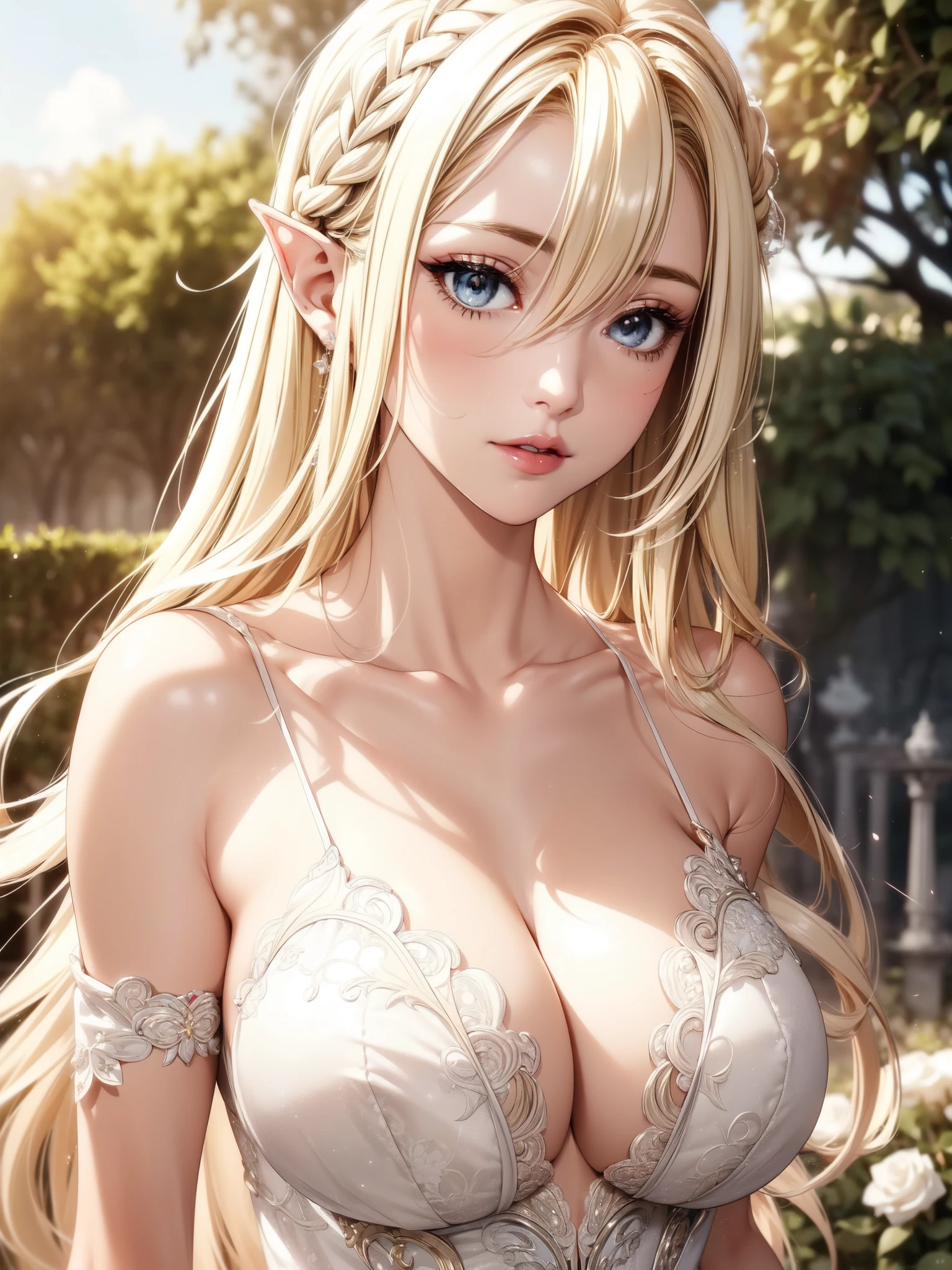 (masterpiece, best quality, beautiful and aesthetic:1.3), (A beautiful elf lady), look back, side view, 1 elf girl, (solo:1.3), light smile, (honey blonde hair streaked beige:1.4), (Gradient sliver hair ends:1.6), hair strand, absurdly long hair, single sidelock, wavy hair, shiny hair, floating hair, (sky blue eyes), delicate eyes, aqua eyes, super high detailed eyes, long upper eyelashes, eyes makeup, red lips, Focus on face, Very detailed facial, (Pretty Face:1.3), Perfect medium chest, slim body, porcelain skin, (Delicate skin texture:1.2), (Highly detailed skin:1.2), bridal veil, lace-trimmed dress, see-through, wedding dress, (outdoors), white roses, garden, (morning), detailed background, beautiful background, standing, whole body, extreme detailed, Edge lighting, two color lights, 8K UHD, Bokeh, イーブイの絵, soft light, Volumetric lighting, confess, warm tone