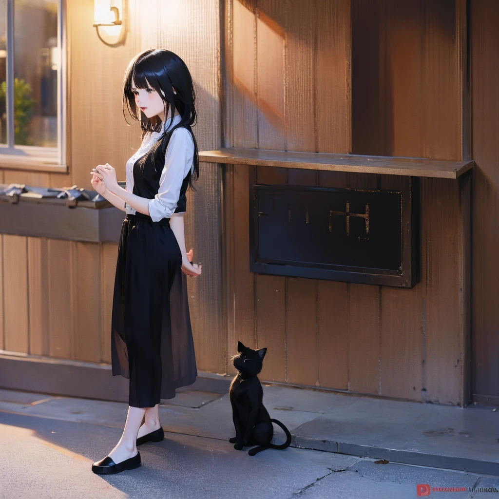 Girl with cat, black cat, black hair red eyes
