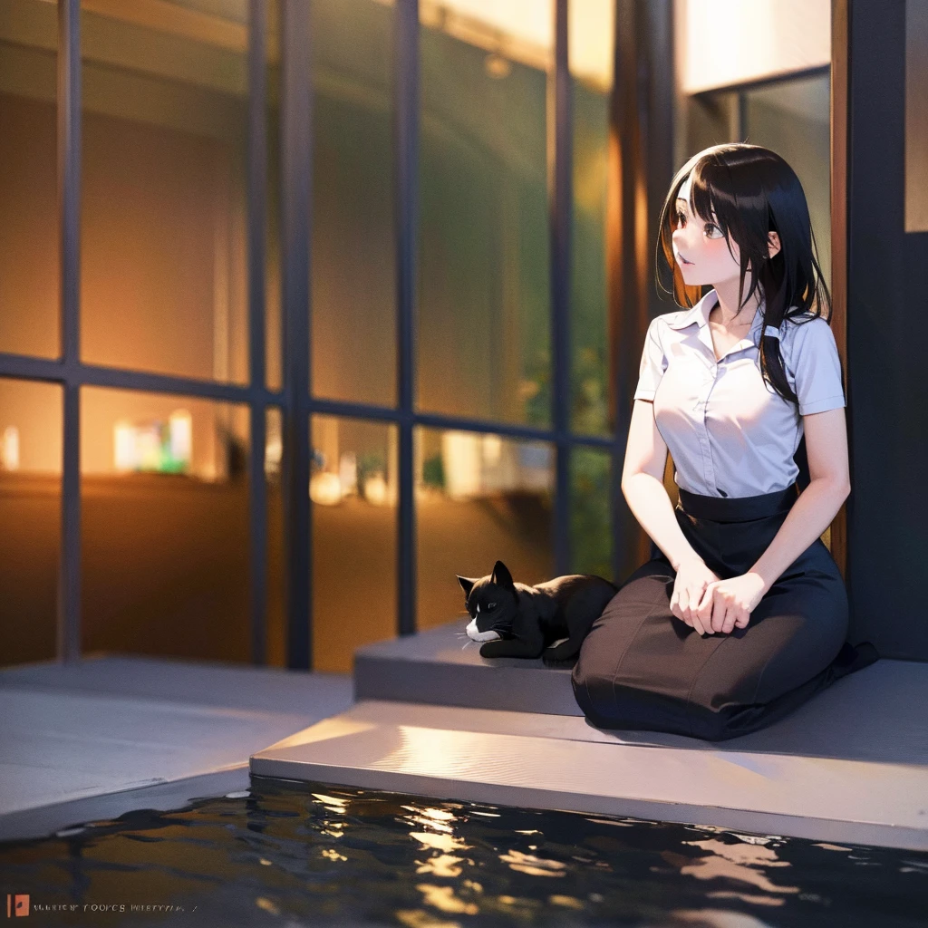 Girl with cat, black cat, black hair red eyes