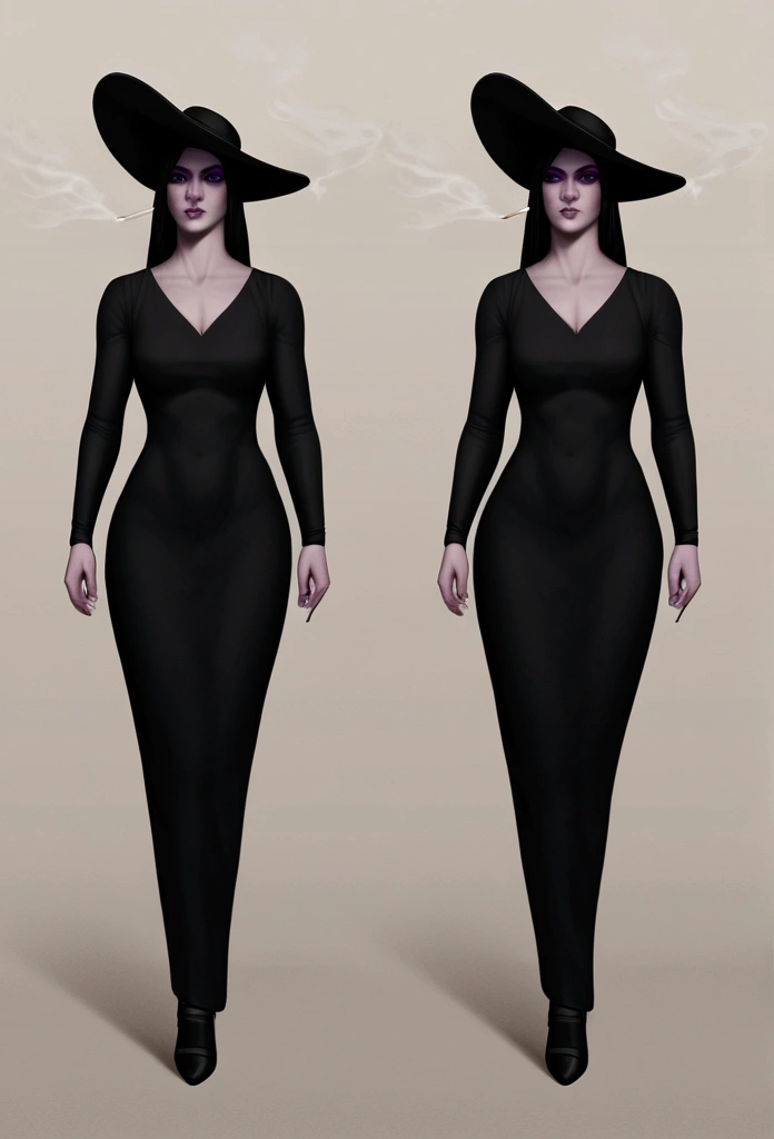 (uncanny woman),black gown,[black hat],(uncanny),Walking forward [old streets],smoking a cigarette,("best qualityer:1.2"),(ultra detali),(realisitic:1.37),portraits,moody lighting