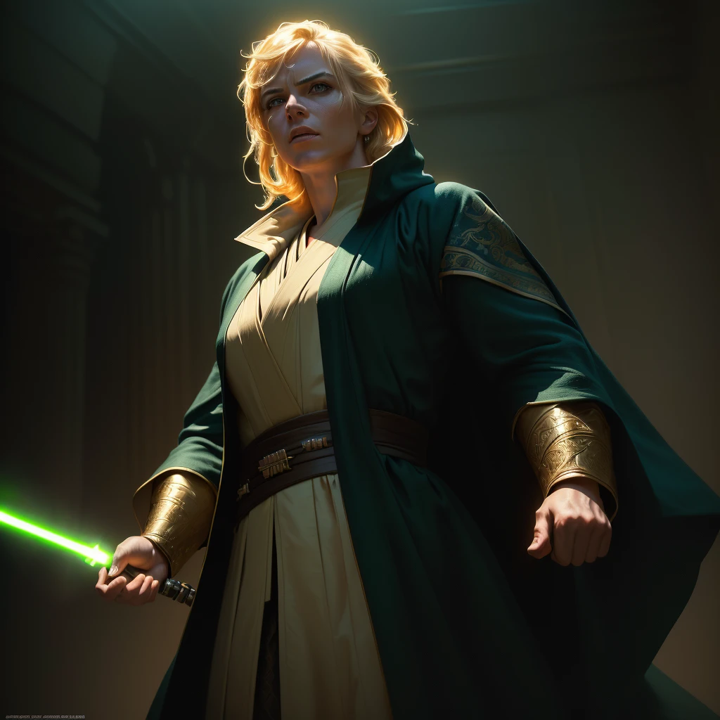 a close up of a person with a green lightsaber, donald trump as a jedi hero, donald trump as a jedi, (best quality,4k,8k,highres,masterpiece:1.2),ultra-detailed,(realistic,photorealistic,photo-realistic:1.37),extremely detailed eyes and face, beautiful detailed eyes, beautiful detailed lips, longeyelashes, incredibly detailed costume, epic cinematic lighting, dramatic action pose, dramatic shadows, dramatic highlights, vivid colors, intricate details, cinematic composition, dynamic energy, powerful presence