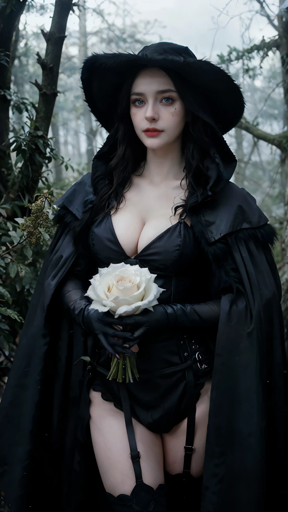 1 Girl, Beautiful, , 25 Years Old, White Skin, Colossal Breasts, Sexy Pose, She Wearing A Darkness Witcher Cosplay Costumes, She held a white rose in her hand, Witch Make Up, Witch Cloak, Blue Eye, Muscles, Bokeh, Darkness Forest Background, Masterpiece, Dark Magic, Night Scene, Foggy, Heavy Storm, Surrounded by Evil Spirits