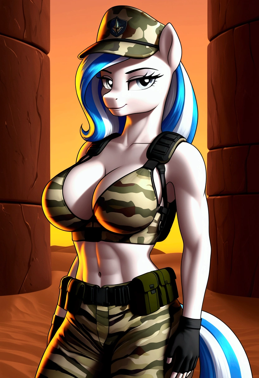 vibrant colors, 8K, high resolution, highly detailed, masterpiece, ((my little pony)), (striped white hair), (pale white body), (gray eyes) seductive face, woman's tactical gear, standing, big breasts, beautiful body, cap, background desert military base