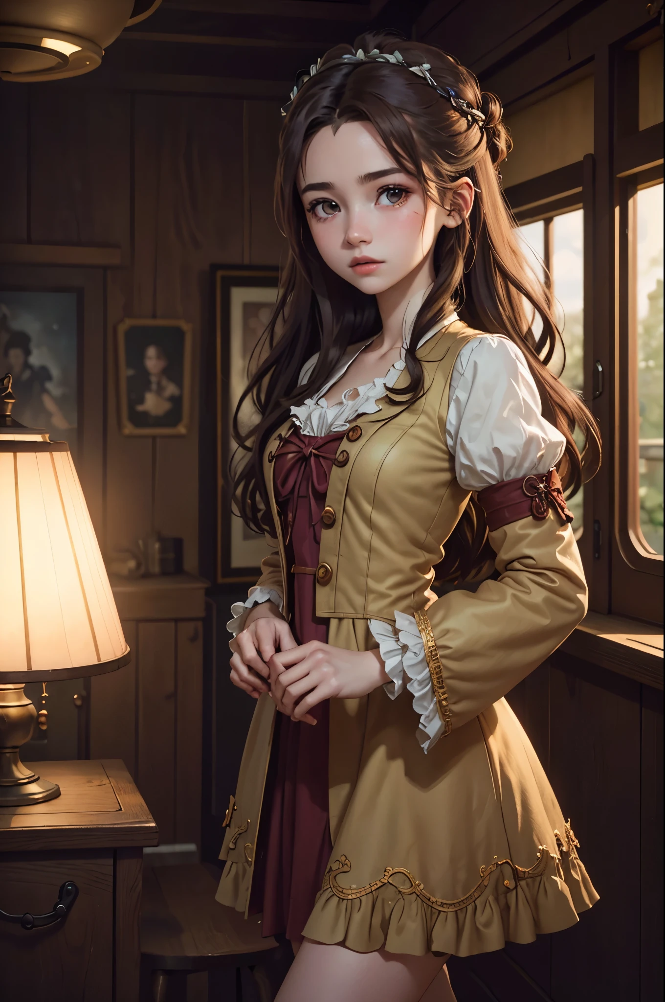 (photography of a 20 year old Aerith Gainsborough), (no close-up), highly detailed face, (smile:0.7) (background inside dark, moody, private study:1.3), steampunk pirate's airship, nikon d850, film stock photography, for kodak portra 400 ,camera f1.6 lens, bokeh, analog style, rich colors, hyper realistic, lifelike texture, dramatic lighting, cinestill 800, messy hair, serious, (freckles:0.4), pale skin, cute sexy