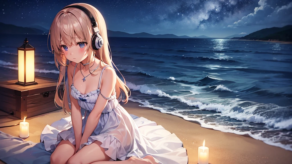 "A serene nighttime beach scene. A girl sits on the sandy shore, her headphones on, lost in the rhythm of the music. She wears a beautiful frock, the gentle waves almost touching her toes. Above her, the night sky is adorned with twinkling stars and a luminous moon, casting a soft glow over the tranquil scene. She looks completely relaxed, absorbed in her own world of melodies."