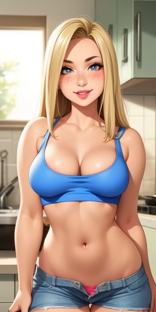 Beautiful round medium breasts, 1girl, ((Blonder hair, Beautiful straight hair, Hair parted on the right side)) ((Girl, cute girl face)) light azuis eyes, has an beautiful sensual body with freckles, with full breasts and thin waist, HIP HOP Beautiful and cute Denim shorts, tank top with short sleeves, tight, fabric delicate, has a bold appearance. young, quality, realistic, best quality, cute expression, pink lipstick lips, Cute smile, In the kitchen, in a pose