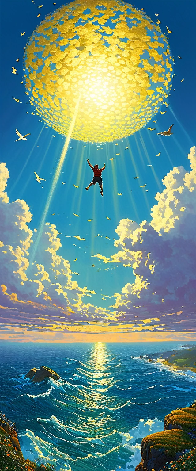 boy falling from the sky, golden clouds,, Kilian Eng y Thomas Kinkade, Rob Gonsalves y Tim White., silvain sarriel, Rhads y Thomas Kinkade, inspired by RHADS, cyril rolando and m.I'm confused, cyril rolando and m. I'm confused, Rhads!!!