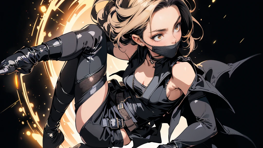 (1 girl:1.3),(full body portrait:1.5),(deep black background:1.4),(The overall tone of the picture is dominated by deep black:1.3),photorealistic,(high resolution,overwhelmingly pixel perfect,luxurious illustration),(hyper quality, Masterpiece, Ethereal:1.4),(Realism:1.2),(Realistis:1.2),(absurderes:1.4),8K,Ultra-detailed,The best picture quality,(a mature woman),detailed beautiful mature face,(Solo:1.4),(huge chest:1.2),(Hanging chest:1.5),(chest squeezed:1.3),(black miccostumes Women's Costume Fighter Ninja Cosplay Top with Gloves and Vest:1.4 ),(Women Bodystocking:1.4),black pantyhose,(black stocklings:1.3),revealing chest,(hair over shoulder:1.3),(black hair:1.2),amazing facial details,slender legs