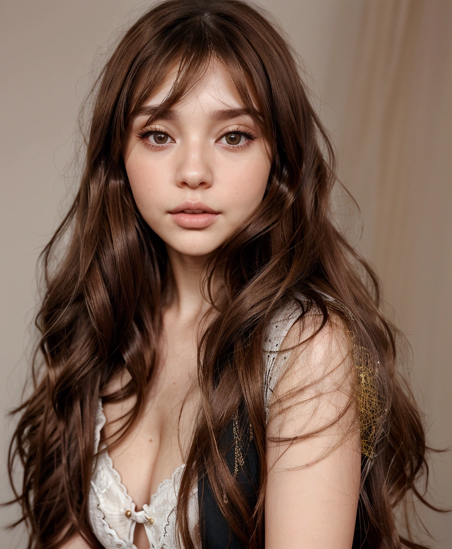 there is a woman con cabello largo, it is day, Ilya Kuvshinov with brown hair, shiny hair, Portrait Sophie Mudd, Long brown hair, long hair girl, madison beer girl portrait, long shiny ethereal hair, wavy brown hair, girl with dark brown hair