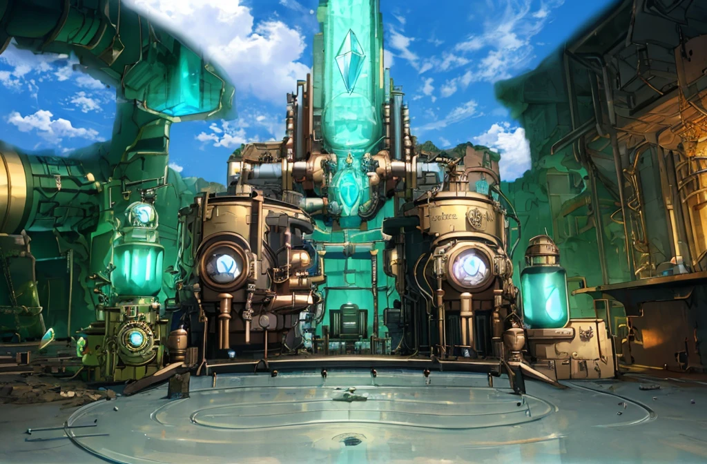 steampunk,reactor core,grow,A shining gem in the center,Giant Crystal,culture tank,ruins,Fantastic,Medieval European style,4K,8K,Highest quality