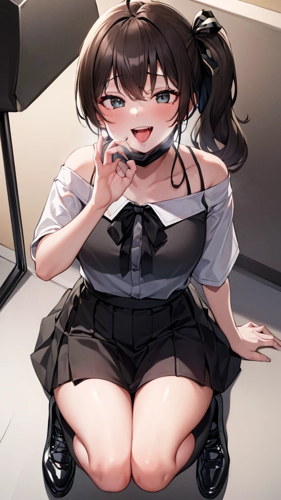  ((((Open your mouth))))、masterpiece,Highest quality,High resolution,Very detailed,bb Festival,meだium hair,skinny,Ahoge,Brown Hair,(((((  Captivating smile ))))),skinny,Hair between the eyes,bangs,Hair Ribbon,Black Choker,Earrings,Black Ribbon,plaiだ shirt,Grey Shirt,Shoulder cut-outs,Short sleeve,See-through sleeves,Black Skirt,High Waist Skirt,Race,(((( Perfect Fingers )))) ,  shoes,(black shoes:1.4),Race trim,shoes,Black footwear,indoor,(Cafe:1.2),((Blowjob Gestures:1.5))、Open your mouth ,Sitting,Chair,Heavy breathing ,Put your hand in front of your mouth,Put your hand in front of your mouth, manga,article,magazine、(Black Mask:1.2, Remove the mask:1.3)