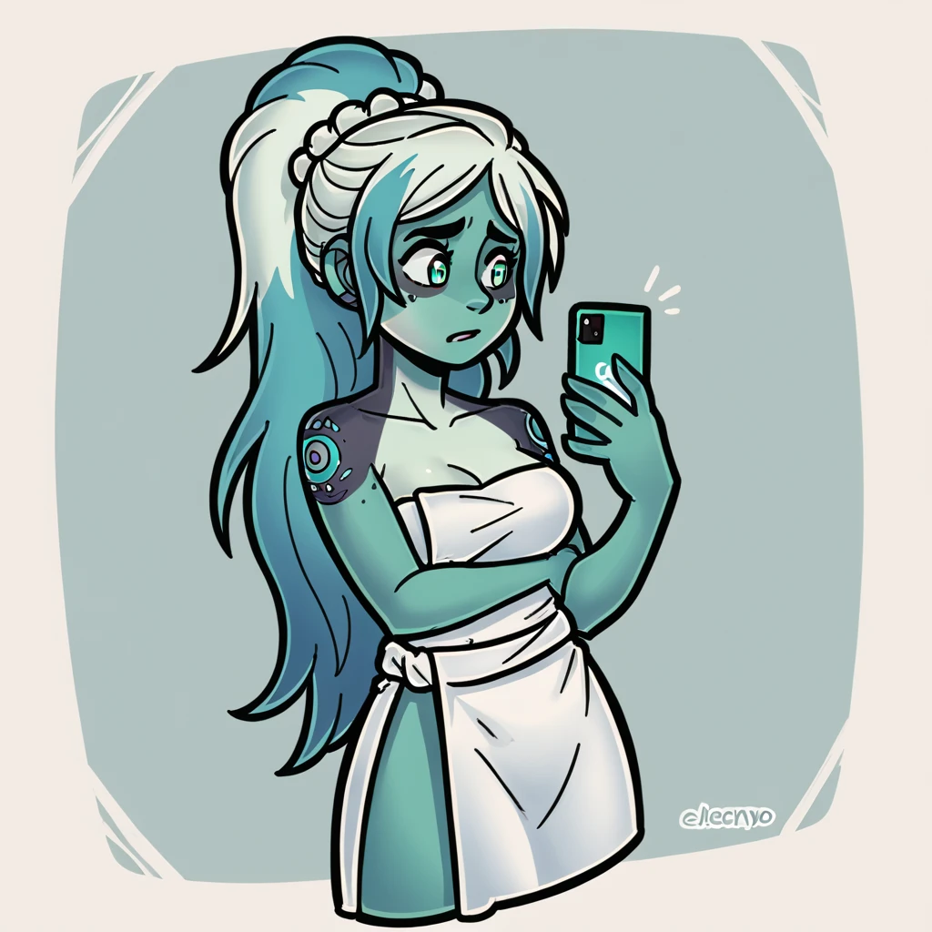 score_9_presence, score_8_up, marina, zig and sharko, wrapped in towel, medium breasts, holding phone