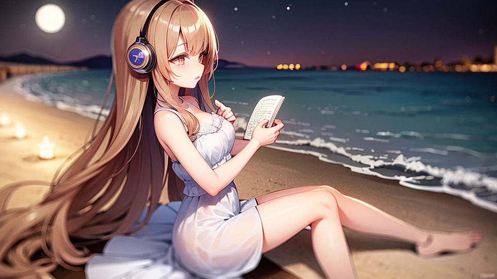 "A serene nighttime beach scene. A girl sits on the sandy shore, her headphones on, lost in the rhythm of the music. She wears a beautiful frock, the gentle waves almost touching her toes. Above her, the night sky is adorned with twinkling stars and a luminous moon, casting a soft glow over the tranquil scene. She looks completely relaxed, absorbed in her own world of melodies."
